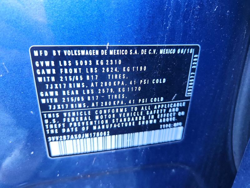 2018 Volkswagen Tiguan მანქანა იყიდება აუქციონზე, vin: 3VV2B7AX0JM178062, აუქციონის ნომერი: 57321466