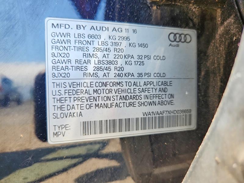 58945706 :رقم المزاد ، WA1VAAF7XHD036659 vin ، 2017 Audi Q7 مزاد بيع
