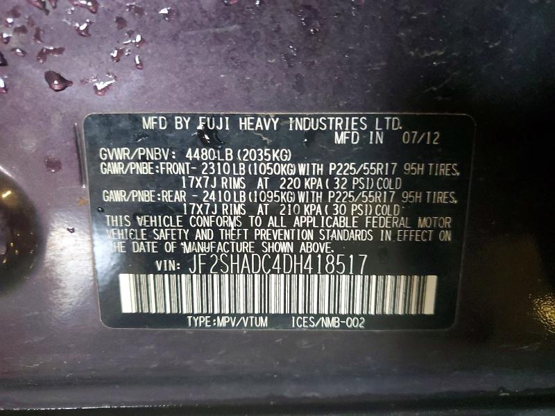 2013 Subaru Forester მანქანა იყიდება აუქციონზე, vin: JF2SHADC4DH418517, აუქციონის ნომერი: 58944076