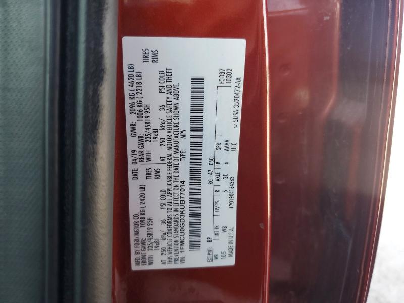 2019 Ford Escape მანქანა იყიდება აუქციონზე, vin: 1FMCU0GD3KUB77014, აუქციონის ნომერი: 55379486