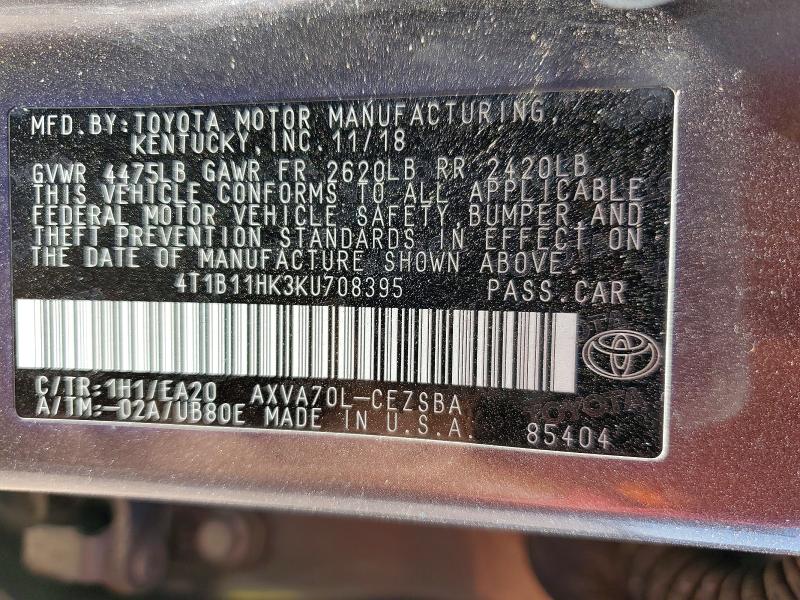 Продажа на аукционе авто 2019 Toyota Camry, vin: 4T1B11HK3KU708395, номер лота: 59285136