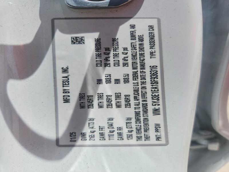 Aukcja sprzedaży 2025 Tesla Model 3, vin: 5YJ3E1EA1SF936316, numer aukcji: 59064356