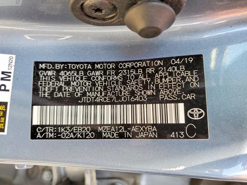 56059846 :رقم المزاد ، JTDT4RCE7LJ016403 vin ، 2020 Toyota Corolla مزاد بيع