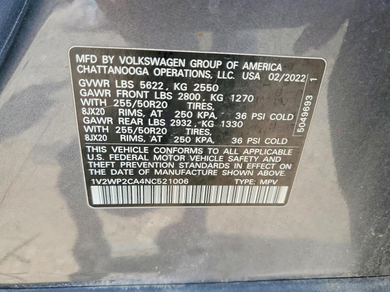 Aukcja sprzedaży 2022 Volkswagen Atlas, vin: 1V2WP2CA4NC521006, numer aukcji: 58461426
