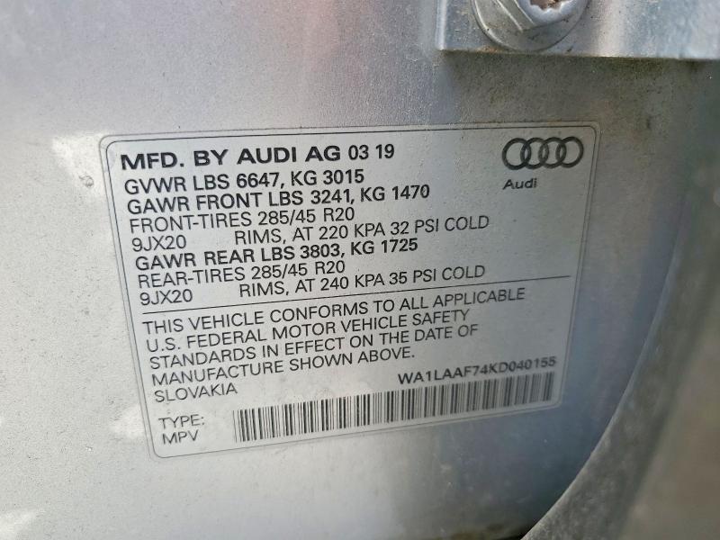 Продаж на аукціоні авто 2019 Audi Q7, vin: WA1LAAF74KD040155, номер лоту: 57328516