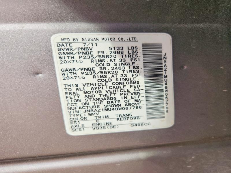 2011 Nissan Murano მანქანა იყიდება აუქციონზე, vin: JN8AZ1MU4BW067766, აუქციონის ნომერი: 58991146