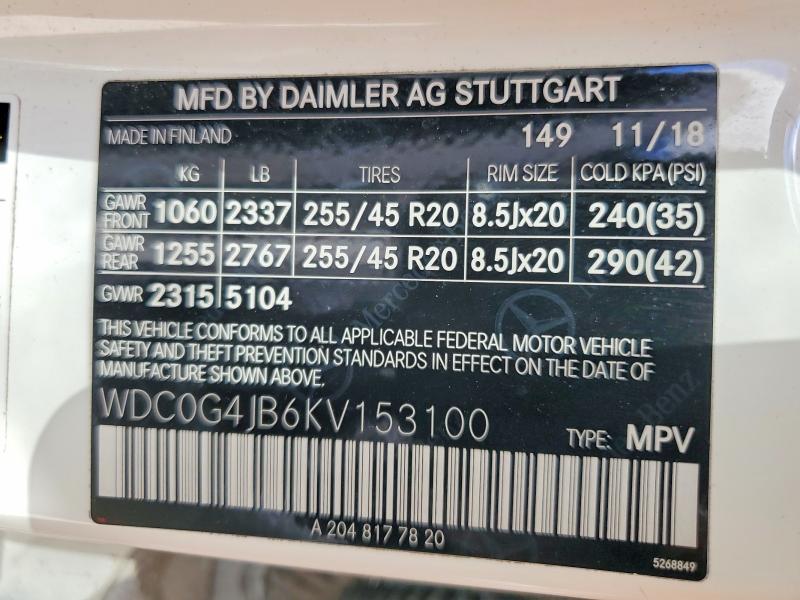 Aukcja sprzedaży 2019 Mercedes-benz Glc, vin: WDC0G4JB6KV153100, numer aukcji: 58274636