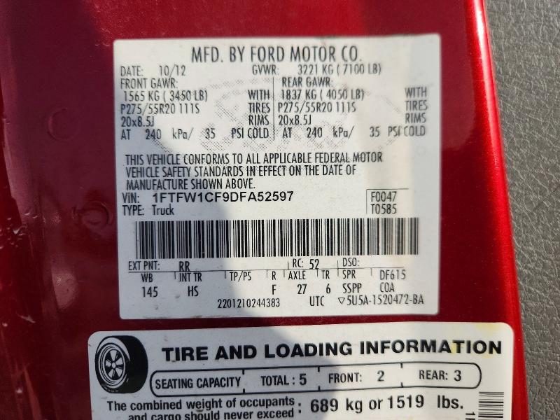 Продажа на аукционе авто 2013 Ford F150, vin: 1FTFW1CF9DFA52597, номер лота: 58330356