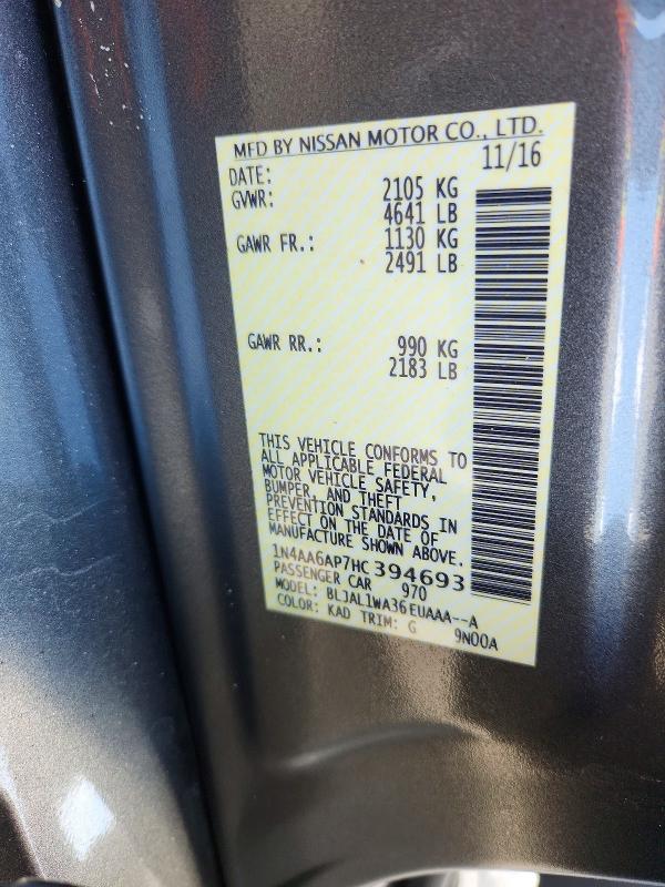 58431786 :رقم المزاد ، 1N4AA6AP7HC394693 vin ، 2017 Nissan Maxima مزاد بيع