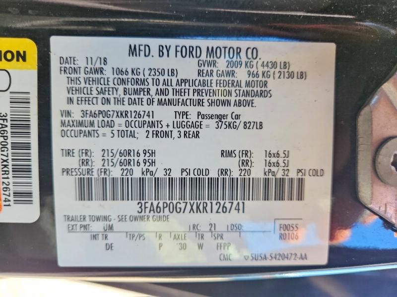 Продаж на аукціоні авто 2019 Ford Fusion, vin: 3FA6P0G7XKR126741, номер лоту: 58688086