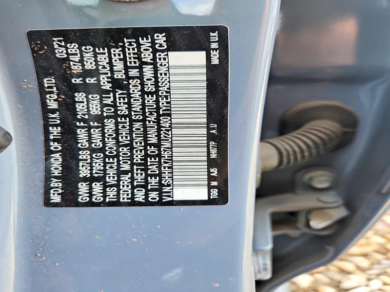 57059046 :رقم المزاد ، SHHFK7H67MU221400 vin ، 2021 Honda Civic مزاد بيع