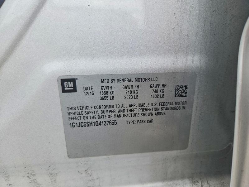 2016 Chevrolet Sonic მანქანა იყიდება აუქციონზე, vin: 1G1JC6SH1G4137655, აუქციონის ნომერი: 57960606