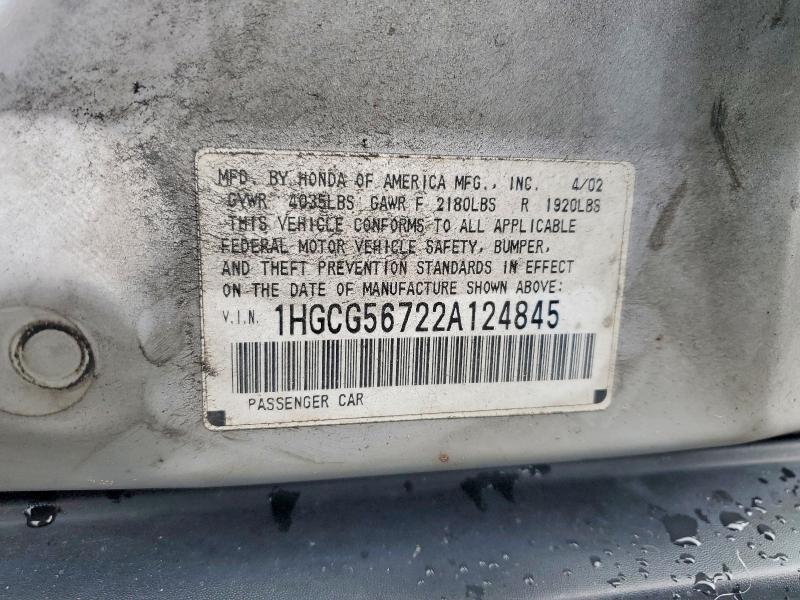 Продаж на аукціоні авто 2002 Honda Accord, vin: 1HGCG56722A124845, номер лоту: 56862386