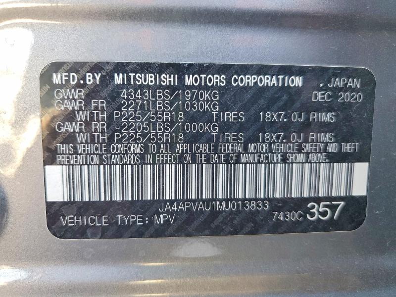 57004616 :رقم المزاد ، JA4APVAU1MU013833 vin ، 2021 Mitsubishi Outlander Sport مزاد بيع