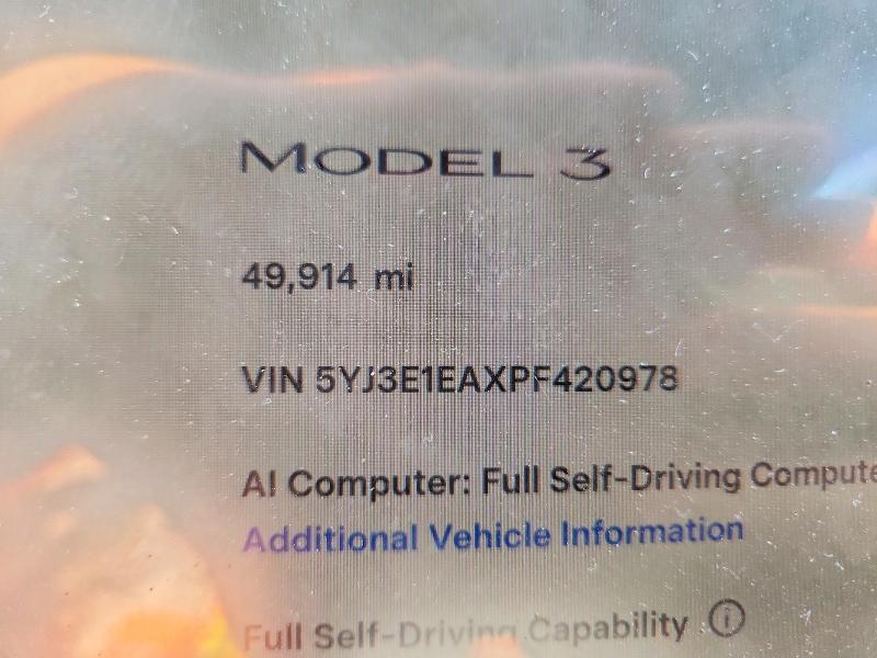 57625076 :رقم المزاد ، 5YJ3E1EAXPF420978 vin ، 2023 Tesla Model 3 مزاد بيع