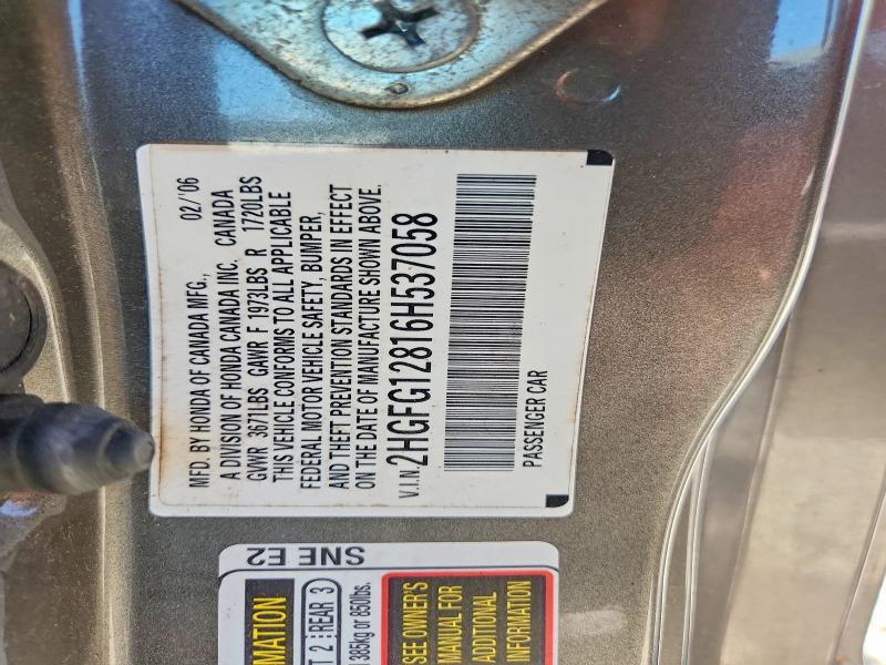 2006 Honda Civic მანქანა იყიდება აუქციონზე, vin: 2HGFG12816H537058, აუქციონის ნომერი: 56047076