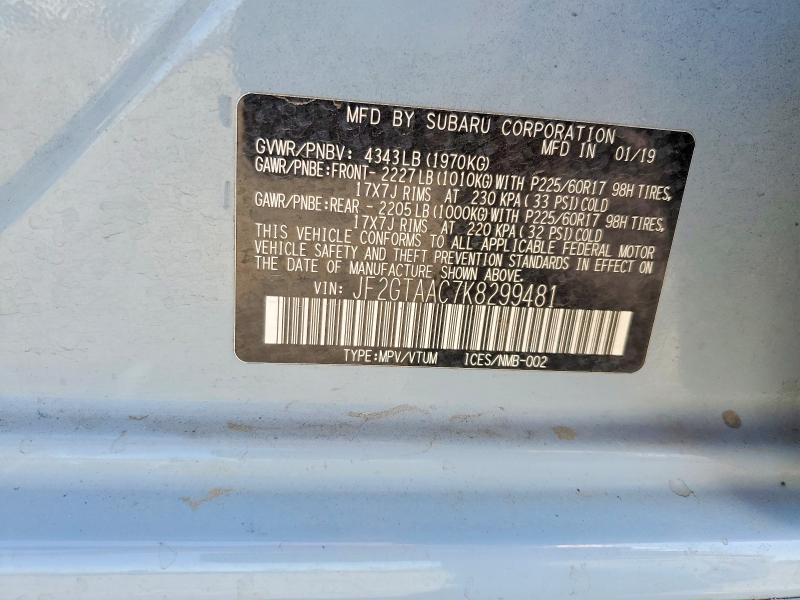 2019 Subaru Crosstrek მანქანა იყიდება აუქციონზე, vin: JF2GTAAC7K8299481, აუქციონის ნომერი: 58732306
