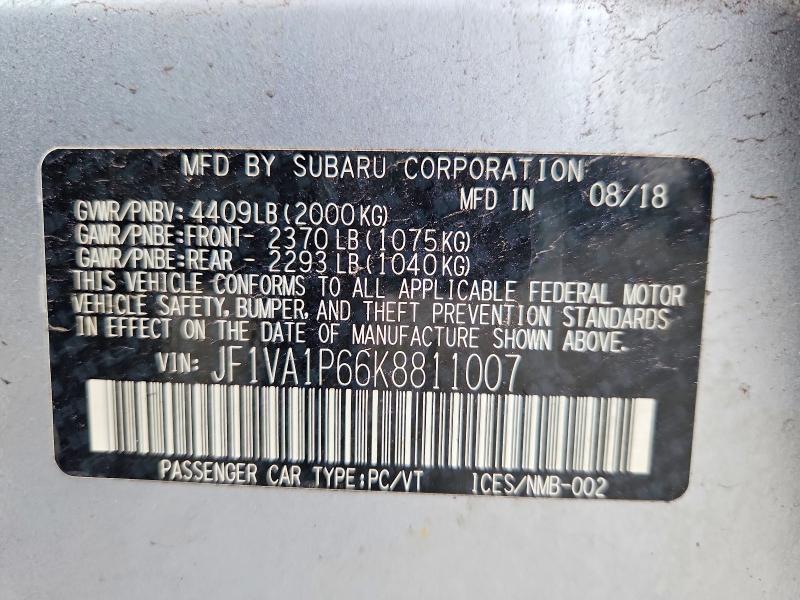 57770336 :رقم المزاد ، JF1VA1P66K8811007 vin ، 2019 Subaru Wrx مزاد بيع