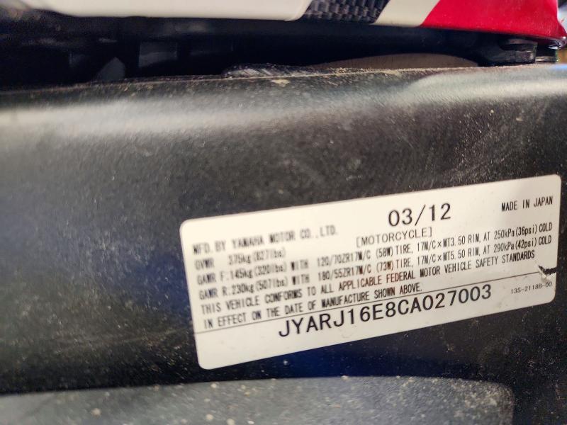 58394476 :رقم المزاد ، JYARJ16E8CA027003 vin ، 2012 Yamaha Yzfr6 مزاد بيع