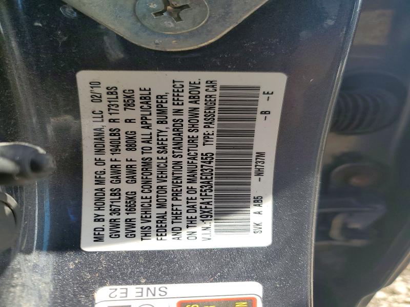 Продажа на аукционе авто 2010 Honda Civic, vin: 19XFA1F53AE037455, номер лота: 56693936