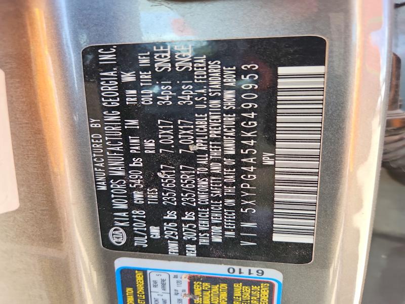 56346296 :رقم المزاد ، 5XYPG4A54KG490953 vin ، 2019 Kia Sorento مزاد بيع