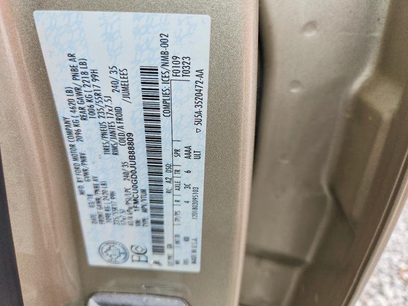 57896046 :رقم المزاد ، 1FMCU0GD0JUB88809 vin ، 2018 Ford Escape مزاد بيع