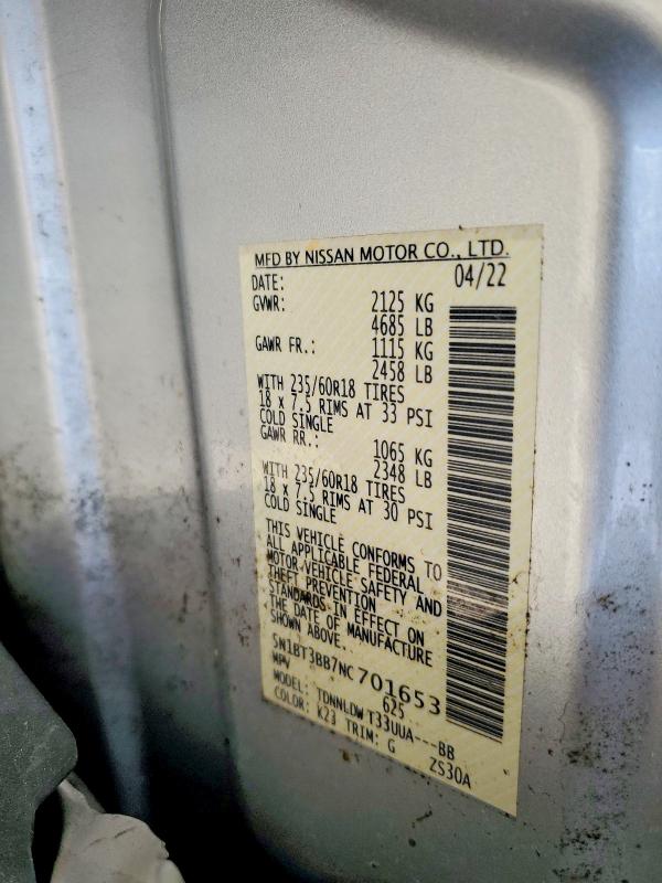 2022 Nissan Rogue მანქანა იყიდება აუქციონზე, vin: 5N1BT3BB7NC701653, აუქციონის ნომერი: 56973046
