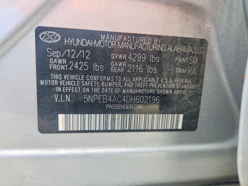 2013 Hyundai Sonata მანქანა იყიდება აუქციონზე, vin: 5NPEB4AC4DH602196, აუქციონის ნომერი: 58147636
