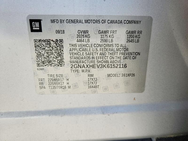 55731606 :رقم المزاد ، 2GNAXHEV3K6152116 vin ، 2019 Chevrolet Equinox مزاد بيع