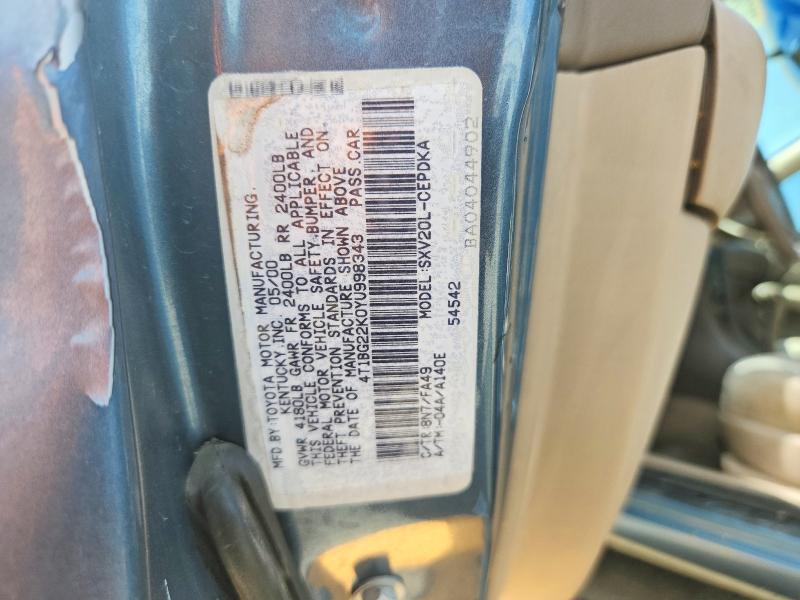 2000 Toyota Camry მანქანა იყიდება აუქციონზე, vin: 4T1BG22K0YU998343, აუქციონის ნომერი: 53938506