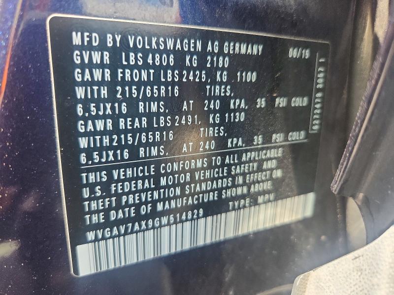 2016 Volkswagen Tiguan მანქანა იყიდება აუქციონზე, vin: WVGAV7AX9GW514829, აუქციონის ნომერი: 56657656