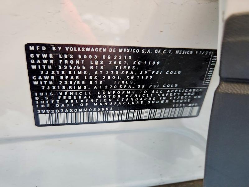 Aukcja sprzedaży 2022 Volkswagen Tiguan, vin: 3VV2B7AX0NM035683, numer aukcji: 59122336