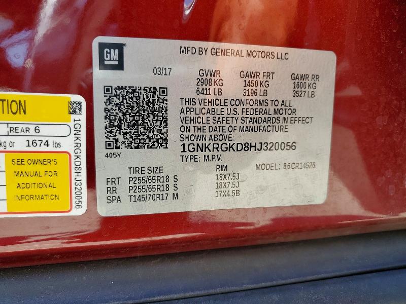 Продаж на аукціоні авто 2017 Chevrolet Traverse, vin: 1GNKRGKD8HJ320056, номер лоту: 56684406
