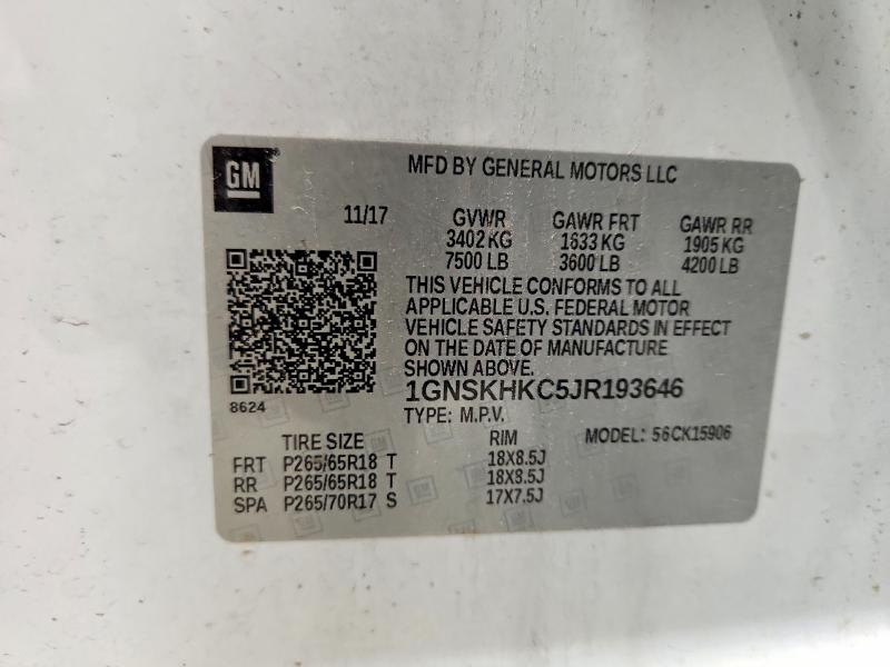Aukcja sprzedaży 2018 Chevrolet Suburan, vin: 1GNSKHKC5JR193646, numer aukcji: 58868886