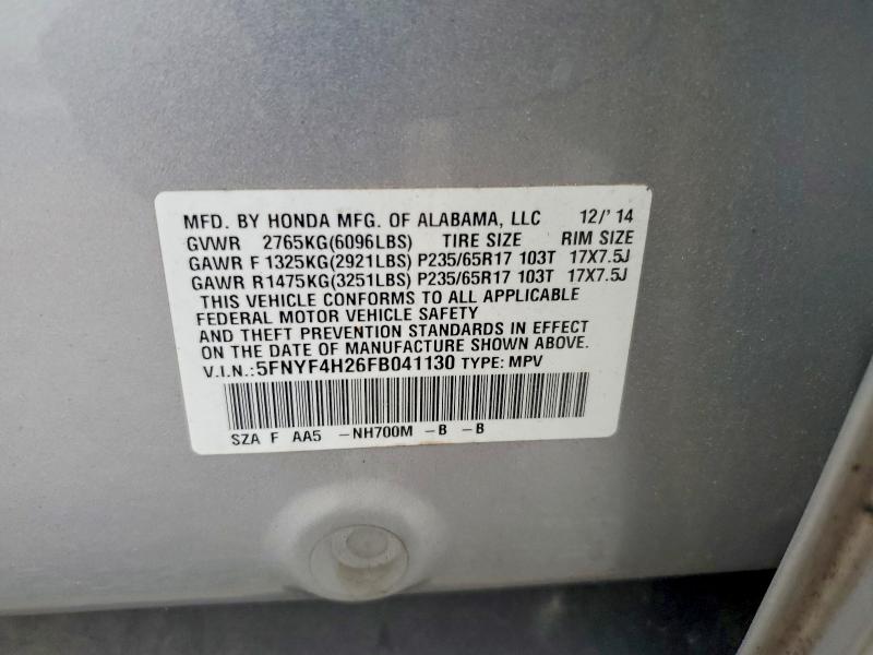 2015 Honda Pilot მანქანა იყიდება აუქციონზე, vin: 5FNYF4H26FB041130, აუქციონის ნომერი: 57332526