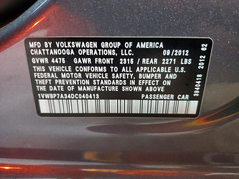 Продажа на аукционе авто 2013 Volkswagen Passat, vin: 1VWBP7A34DC040413, номер лота: 57169136