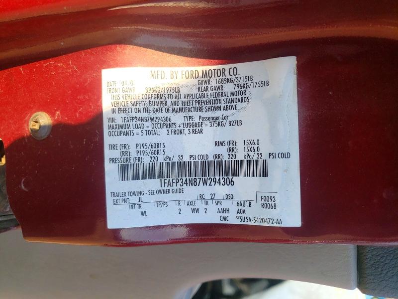 2007 Ford Focus მანქანა იყიდება აუქციონზე, vin: 1FAFP34N87W294306, აუქციონის ნომერი: 56536016