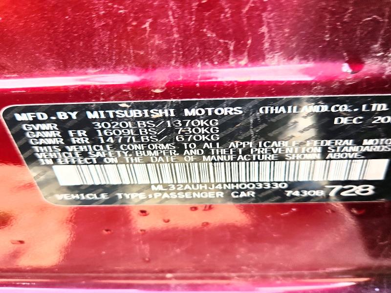 2022 Mitsubishi Mirage მანქანა იყიდება აუქციონზე, vin: ML32AUHJ4NH003330, აუქციონის ნომერი: 58752876