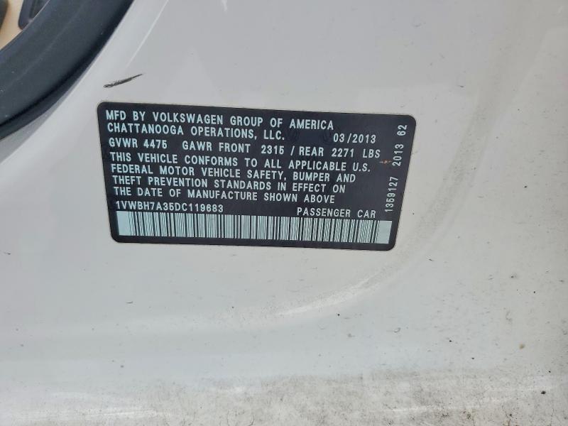 59021046 :رقم المزاد ، 1VWBH7A35DC119683 vin ، 2013 Volkswagen Passat مزاد بيع