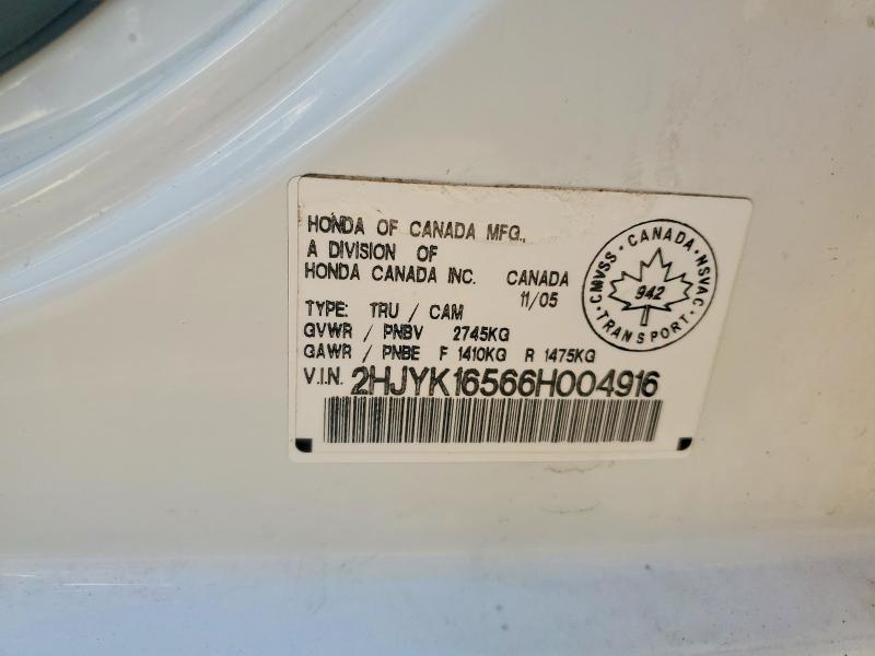 2006 Honda Ridgeline მანქანა იყიდება აუქციონზე, vin: 2HJYK16566H004916, აუქციონის ნომერი: 54613216