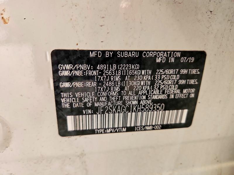 Aukcja sprzedaży 2019 Subaru Forester, vin: JF2SKAGC1KH589350, numer aukcji: 58380966