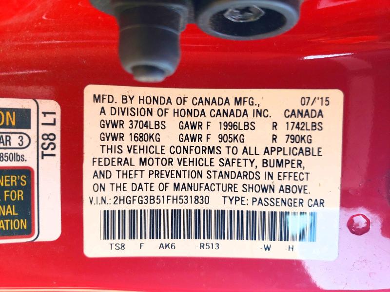 55077776 :رقم المزاد ، 2HGFG3B51FH531830 vin ، 2015 Honda Civic مزاد بيع