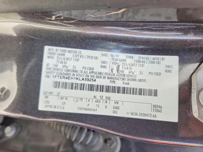 2019 Ford Ranger მანქანა იყიდება აუქციონზე, vin: 1FTER4EH1KLA59254, აუქციონის ნომერი: 58022386