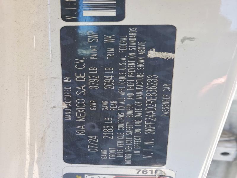 55849326 :رقم المزاد ، 3KPF24AD2RE836233 vin ، 2024 Kia Forte مزاد بيع