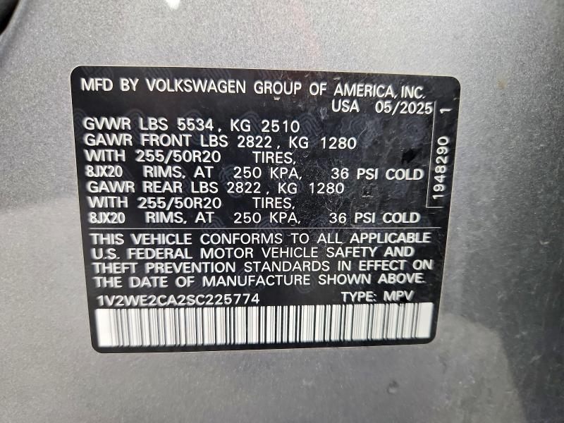 2025 Volkswagen Atlas Cross Sport მანქანა იყიდება აუქციონზე, vin: 1V2WE2CA2SC225774, აუქციონის ნომერი: 57252236