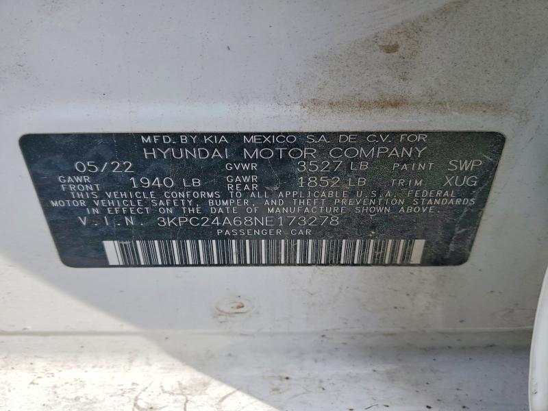 2022 Hyundai Accent მანქანა იყიდება აუქციონზე, vin: 3KPC24A68NE173278, აუქციონის ნომერი: 57318086