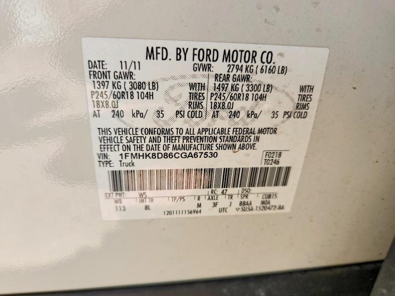 53954706 :رقم المزاد ، 1FMHK8D86CGA67530 vin ، 2012 Ford Explorer مزاد بيع