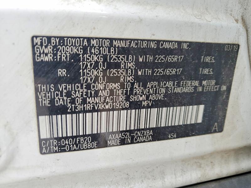 Aukcja sprzedaży 2019 Toyota Rav4, vin: 2T3H1RFVXKW019208, numer aukcji: 55463526