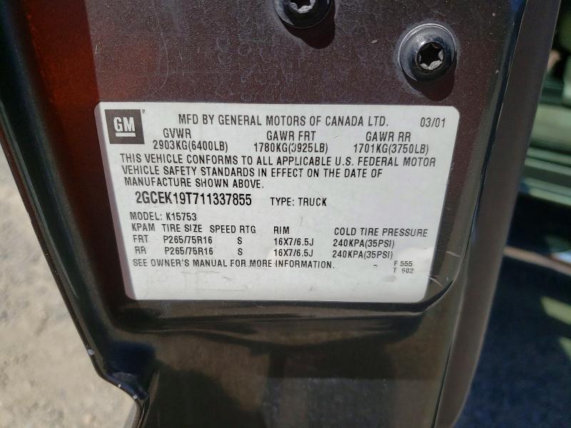 2001 Chevrolet Silverado მანქანა იყიდება აუქციონზე, vin: 2GCEK19T711337855, აუქციონის ნომერი: 56334726