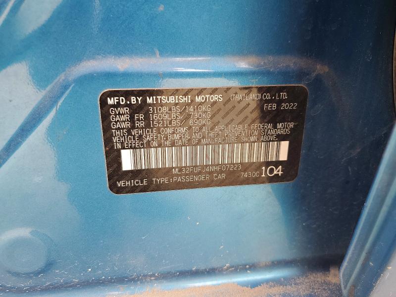 2022 Mitsubishi Mirage მანქანა იყიდება აუქციონზე, vin: ML32FUFJ4NHF07223, აუქციონის ნომერი: 55597146